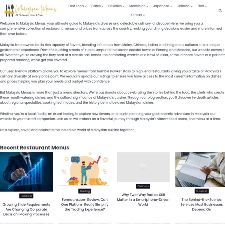 malaysiamenus.com homepage screenshot