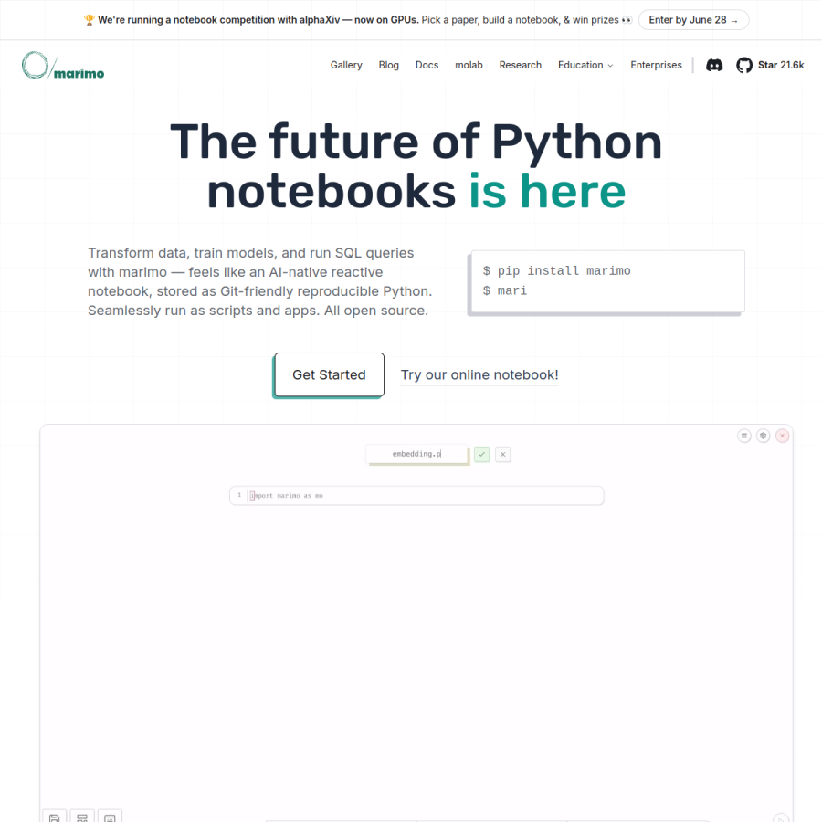 marimo.io homepage screenshot
