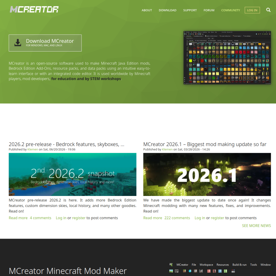mcreator.net homepage screenshot