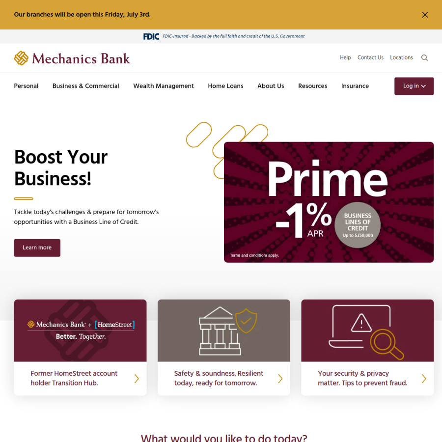 mechanicsbank.com homepage screenshot