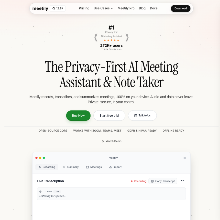 meetily.ai homepage screenshot