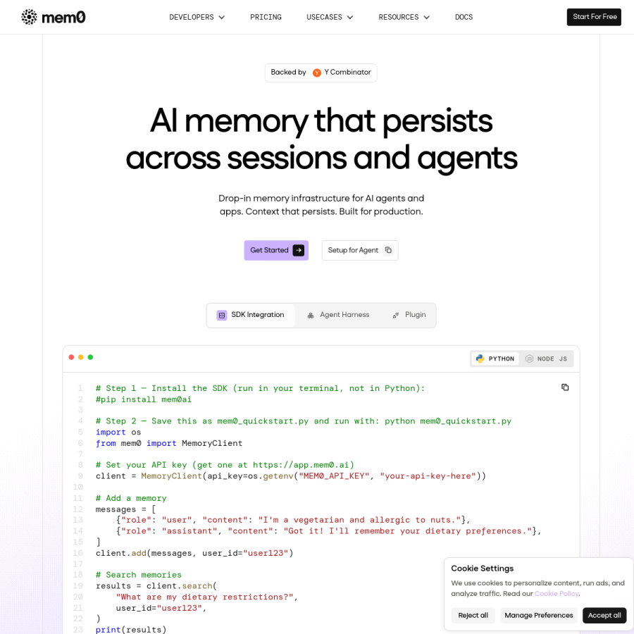 mem0.ai homepage screenshot