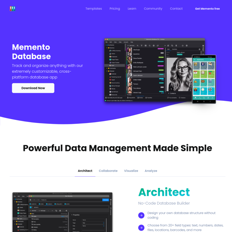 mementodatabase.com homepage screenshot