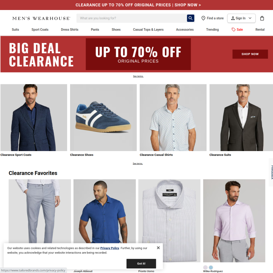 menswearhouse.com homepage screenshot