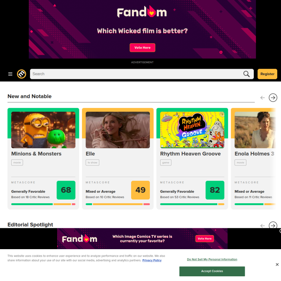 metacritic.com homepage screenshot