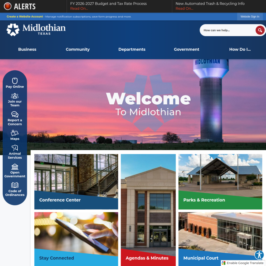 midlothian.tx.us homepage screenshot