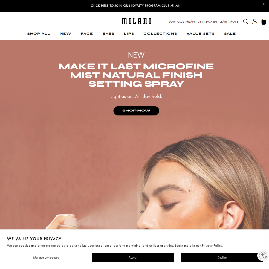 milanicosmetics.com homepage screenshot