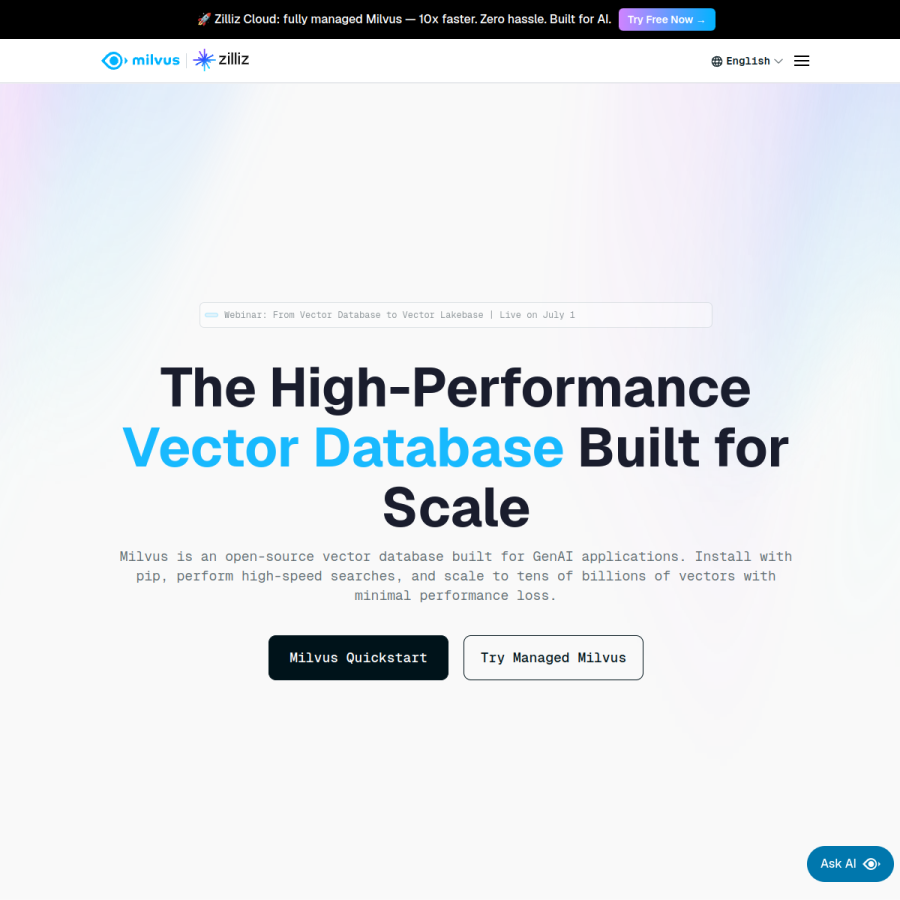 milvus.io homepage screenshot