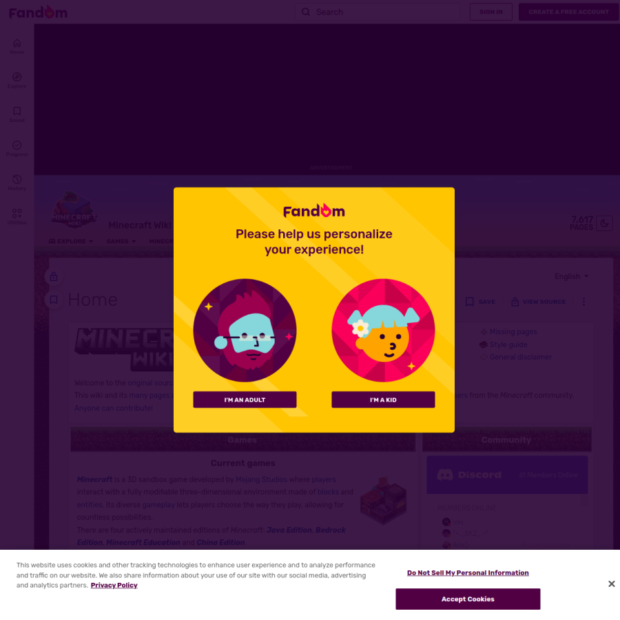 minecraft.fandom.com homepage screenshot