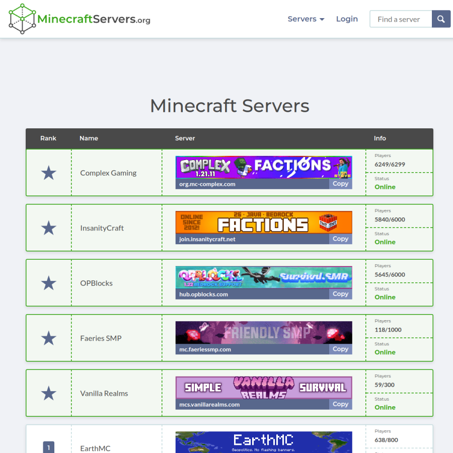 minecraftservers.org homepage screenshot
