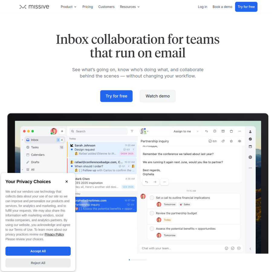 missiveapp.com homepage screenshot