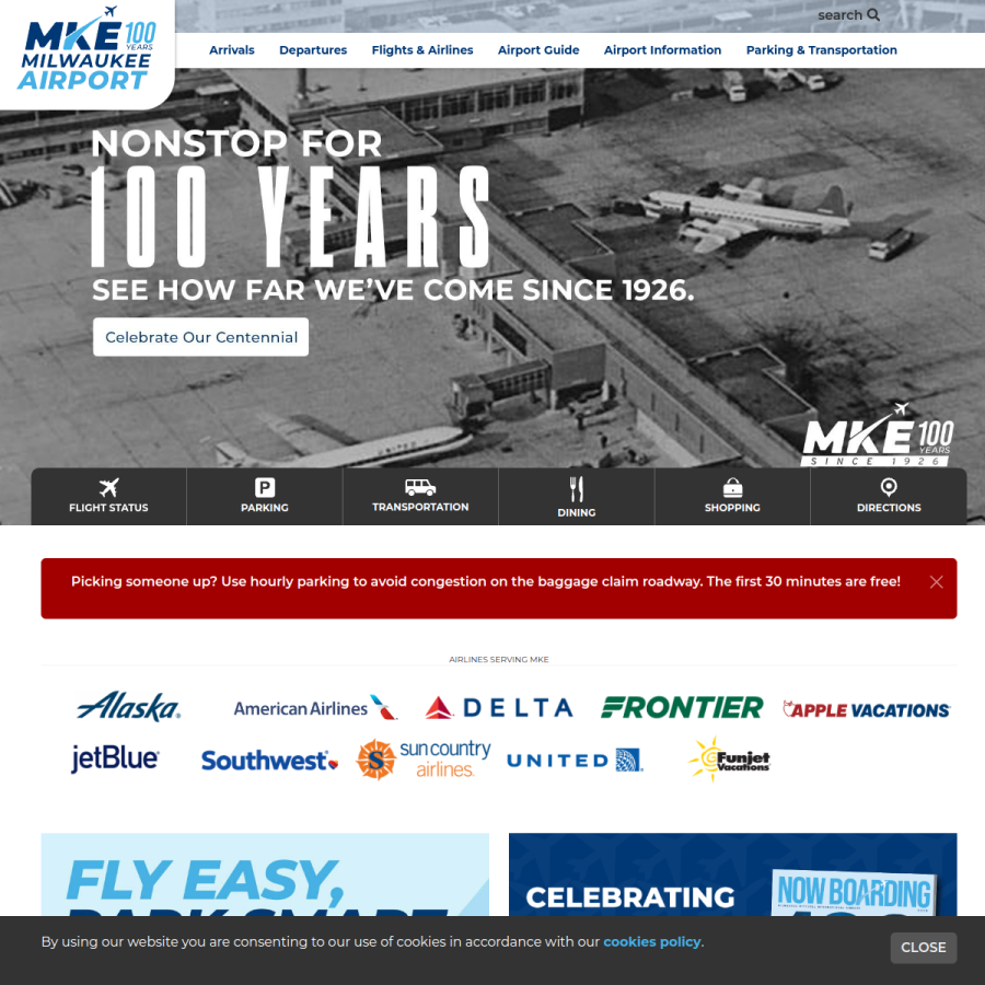 mitchellairport.com homepage screenshot