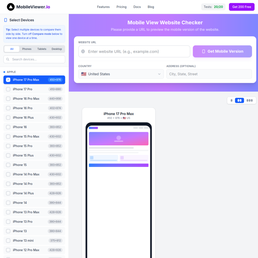 mobileviewer.io homepage screenshot