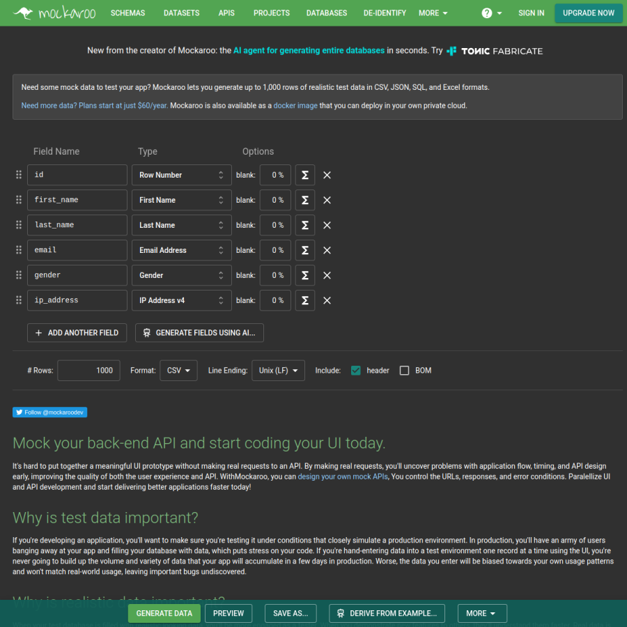 mockaroo.com homepage screenshot