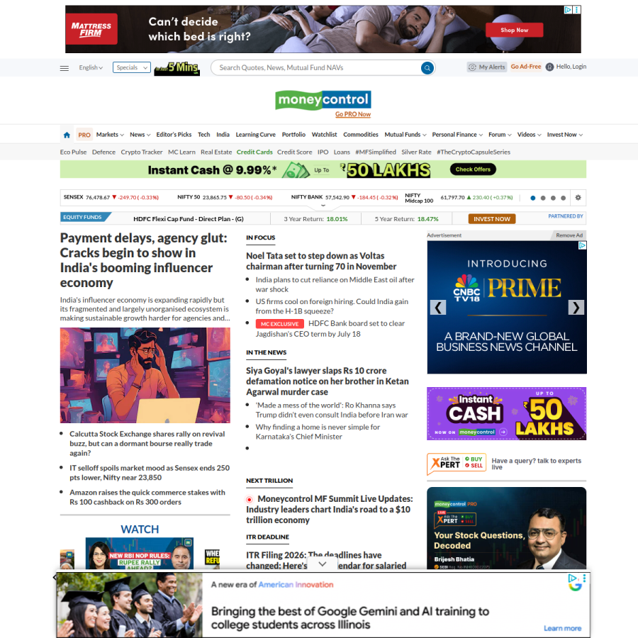 moneycontrol.com homepage screenshot