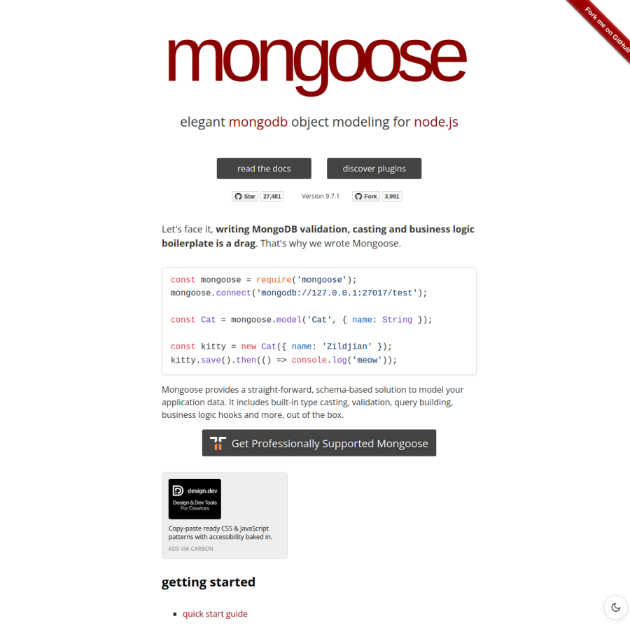 mongoosejs.com homepage screenshot