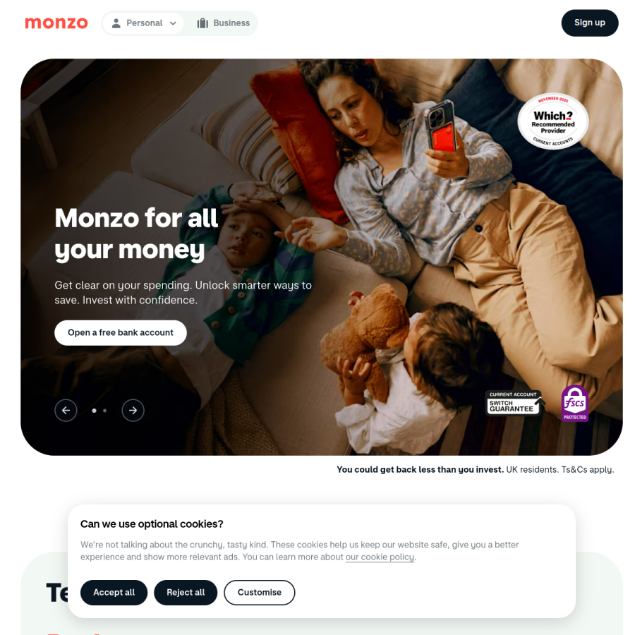 monzo.com homepage screenshot