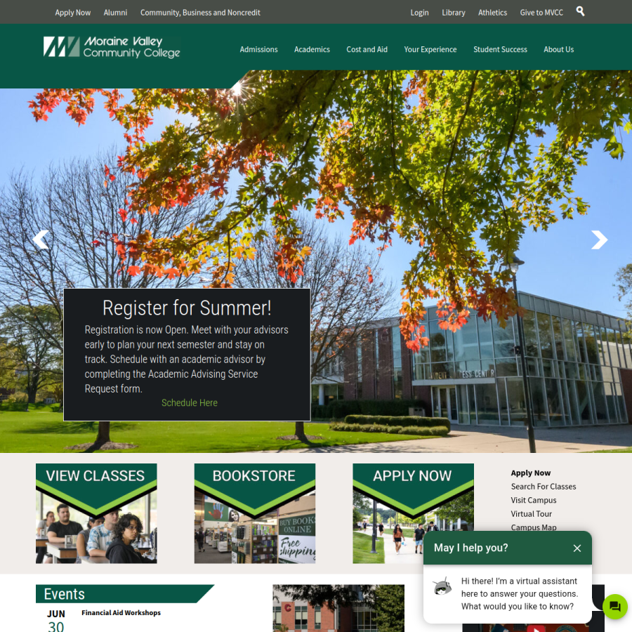 morainevalley.edu homepage screenshot