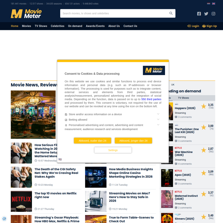 moviemeter.com homepage screenshot