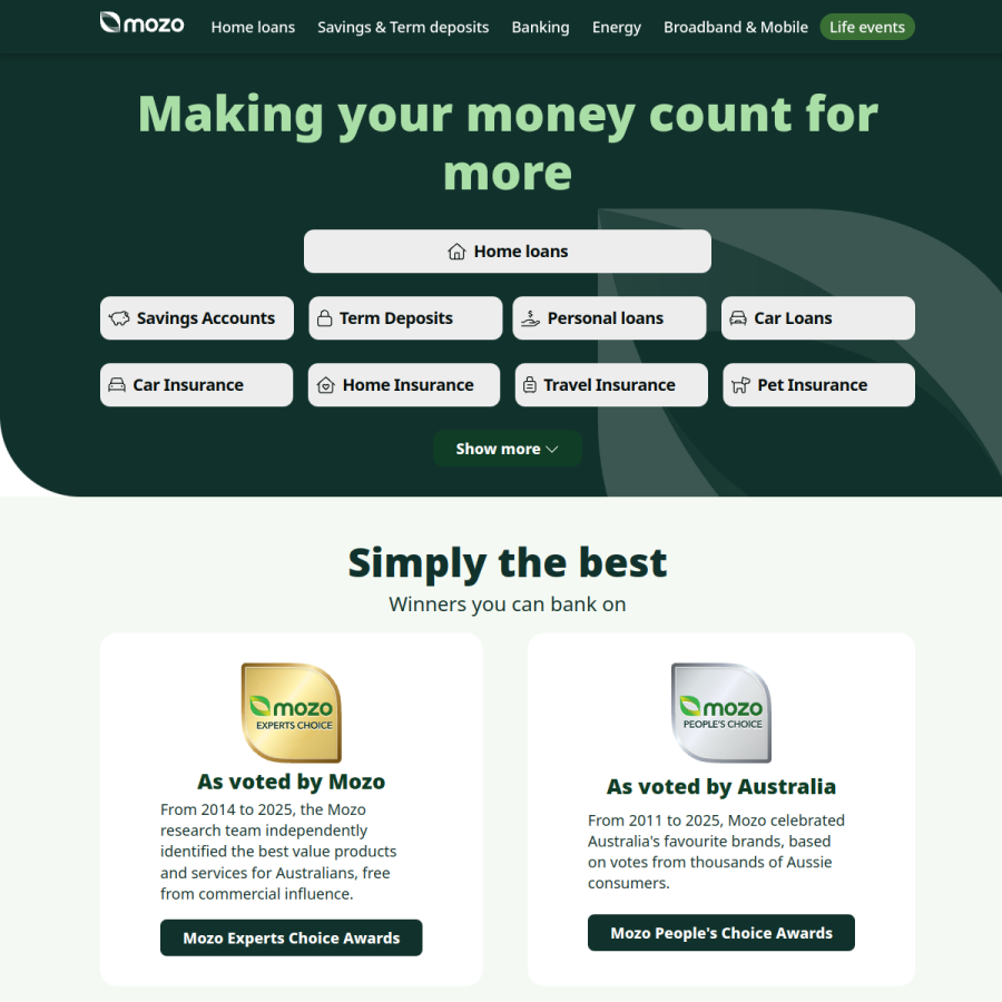 mozo.com.au homepage screenshot