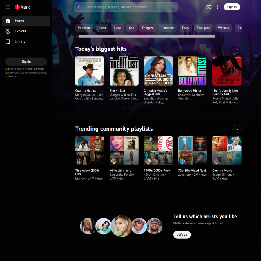 music.youtube.com homepage screenshot