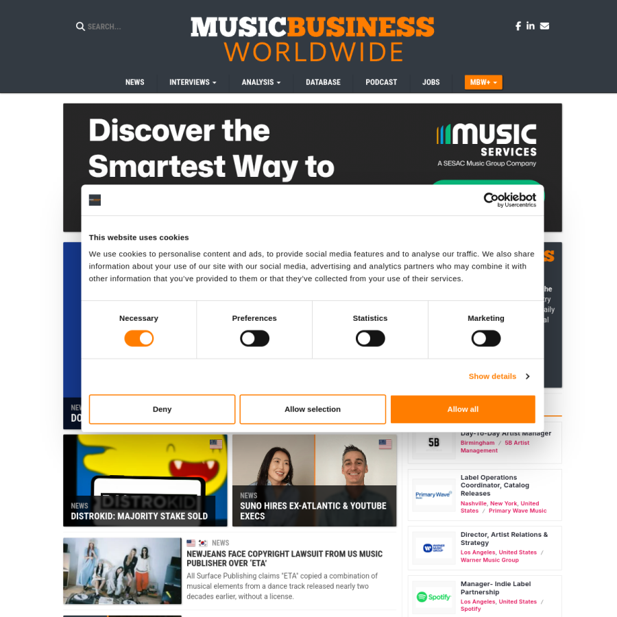 musicbusinessworldwide.com homepage screenshot