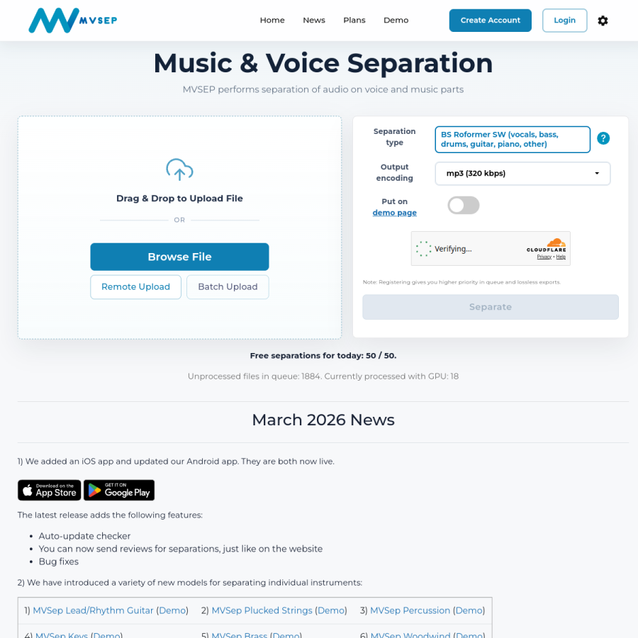 mvsep.com homepage screenshot
