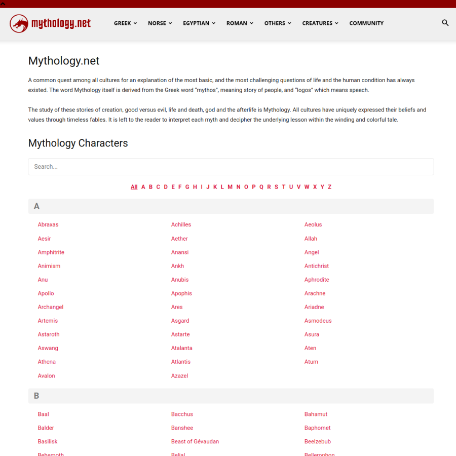 mythology.net homepage screenshot
