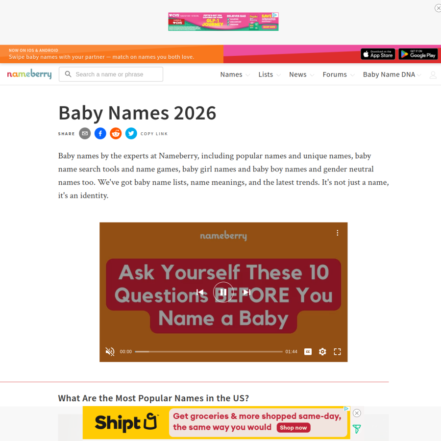 nameberry.com homepage screenshot