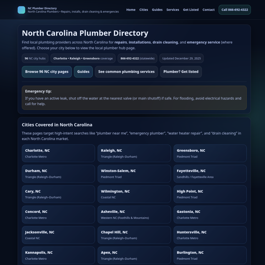 ncplumberdirectory.com homepage screenshot