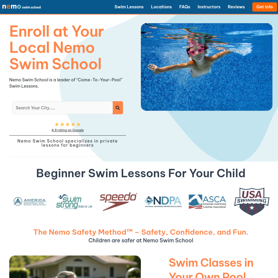nemoswimschool.com homepage screenshot