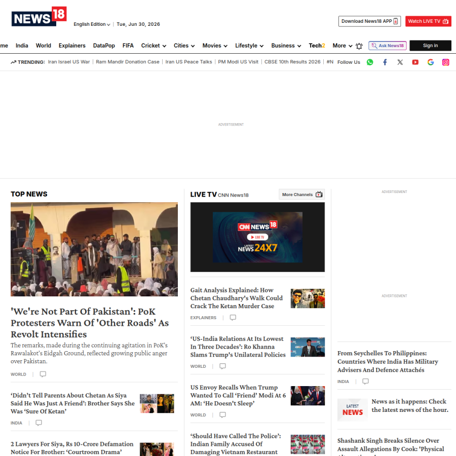 news18.com homepage screenshot