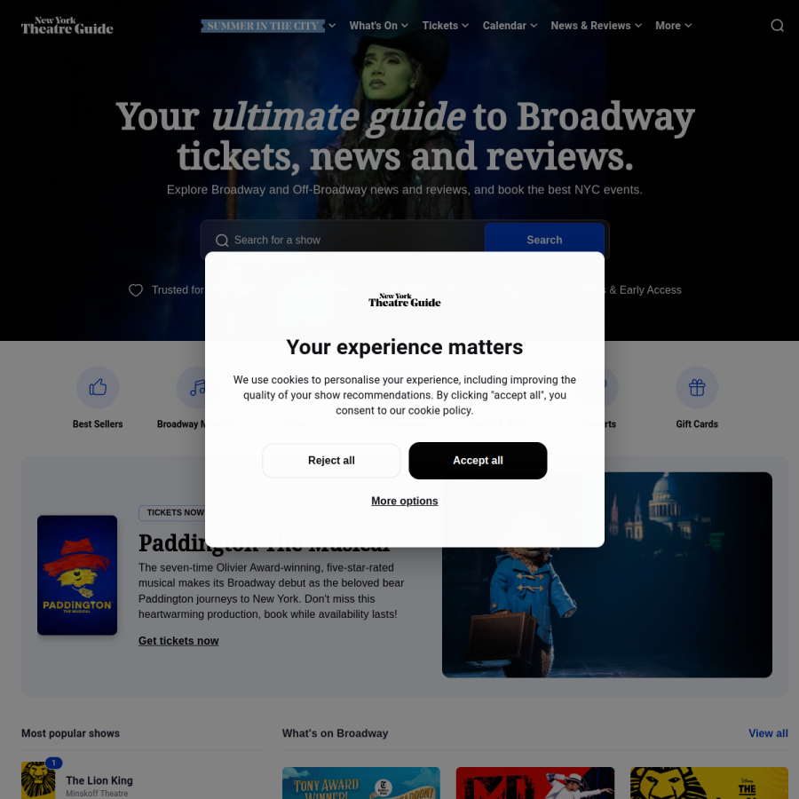 newyorktheatreguide.com homepage screenshot