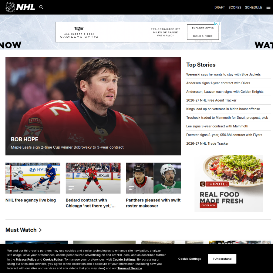 nhl.com homepage screenshot