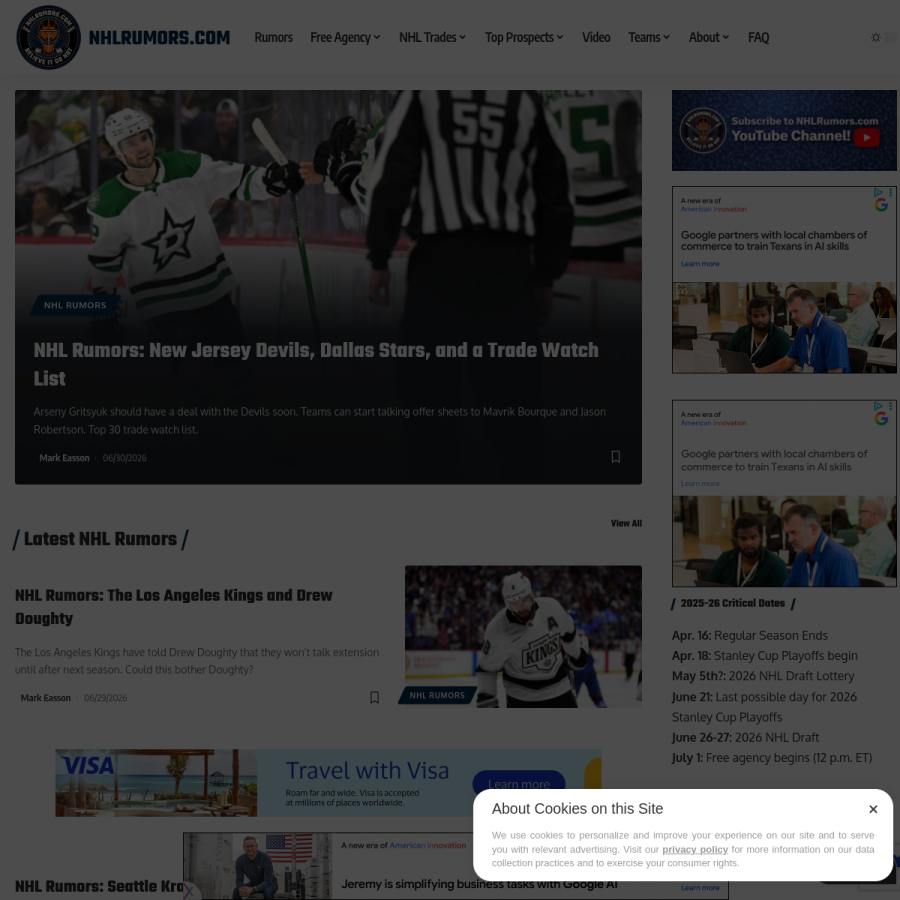 nhlrumors.com homepage screenshot