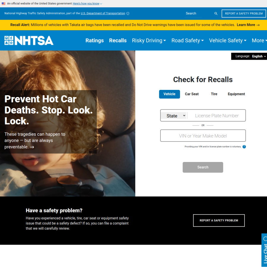 nhtsa.gov homepage screenshot