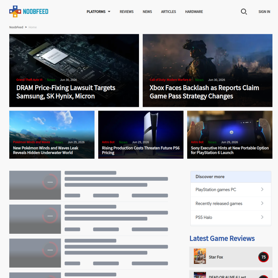 noobfeed.com homepage screenshot