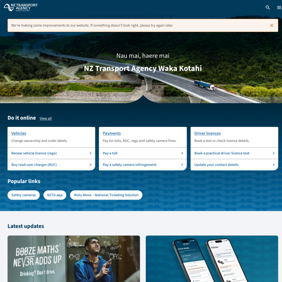 nzta.govt.nz homepage screenshot