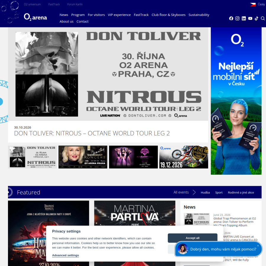 o2arena.cz homepage screenshot