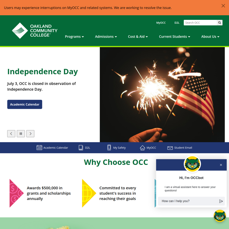 oaklandcc.edu homepage screenshot