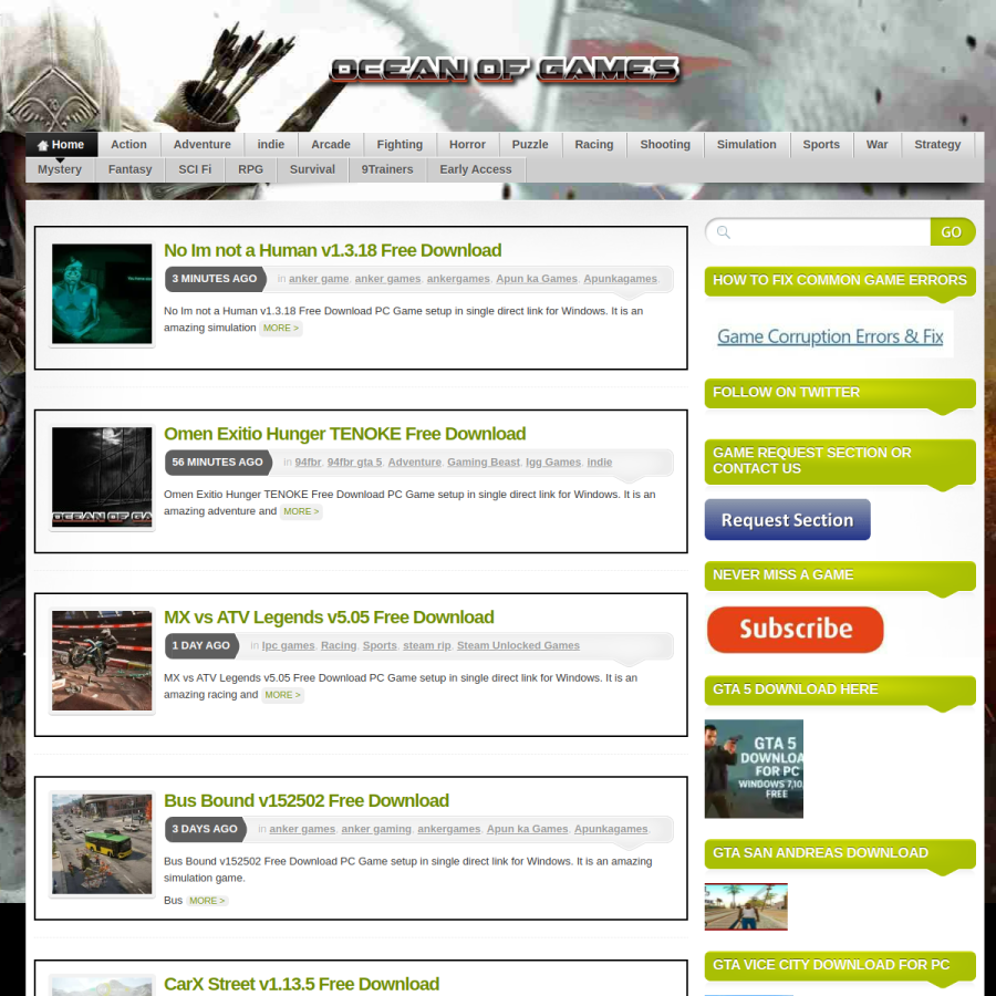 oceantogames.com homepage screenshot