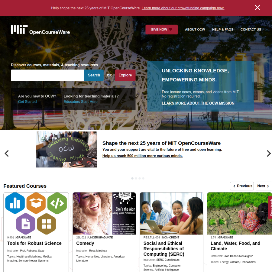 ocw.mit.edu homepage screenshot
