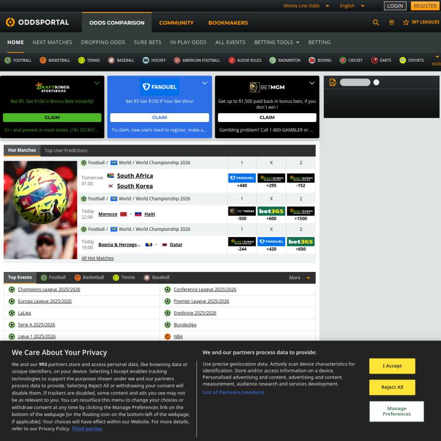 oddsportal.com homepage screenshot