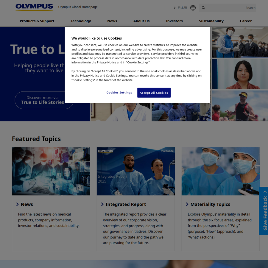 olympus.com homepage screenshot