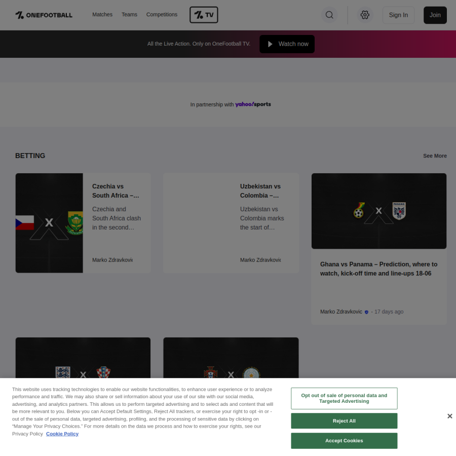 onefootball.com homepage screenshot