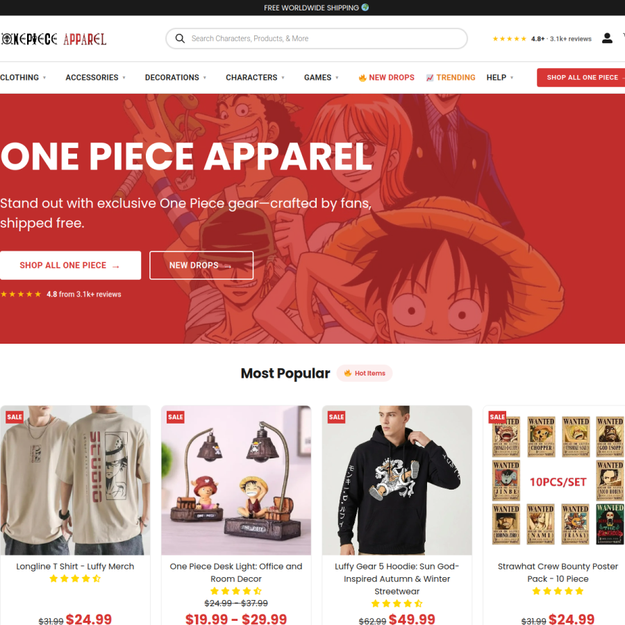 onepieceapparel.com homepage screenshot