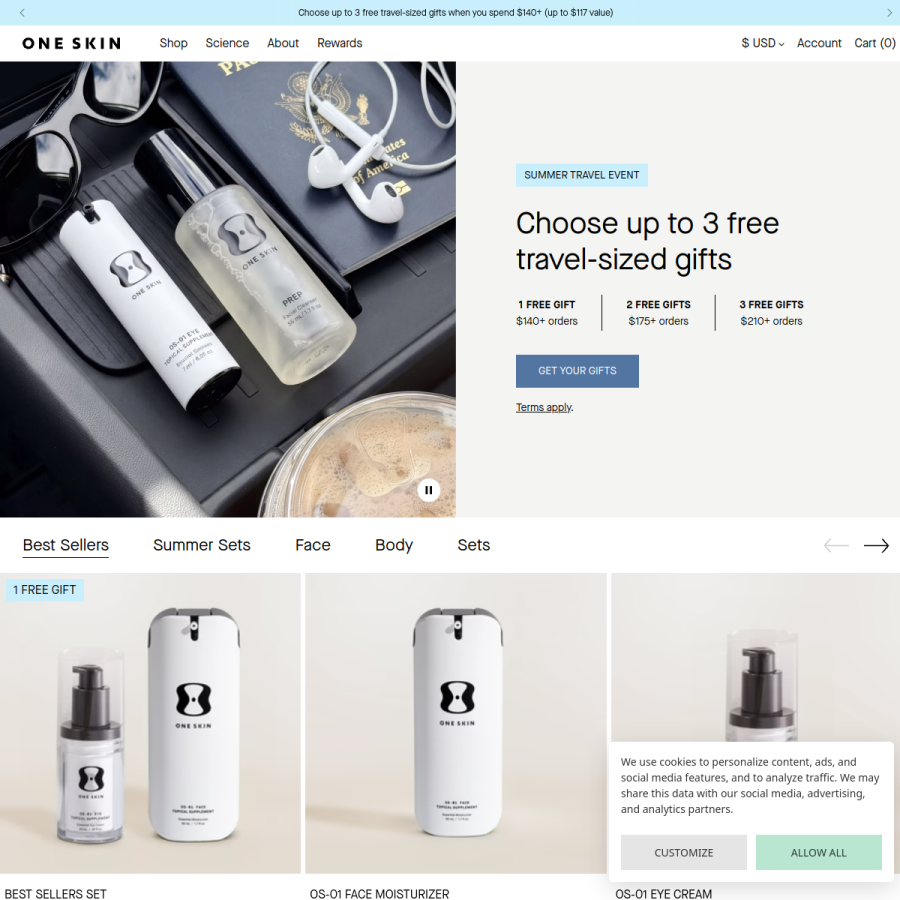 oneskin.co homepage screenshot