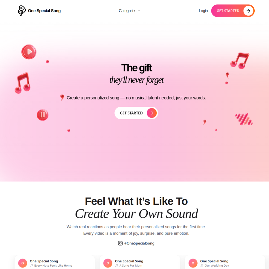 onespecialsong.com homepage screenshot