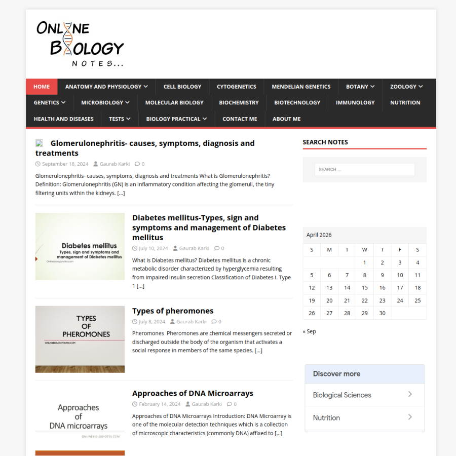 onlinebiologynotes.com homepage screenshot