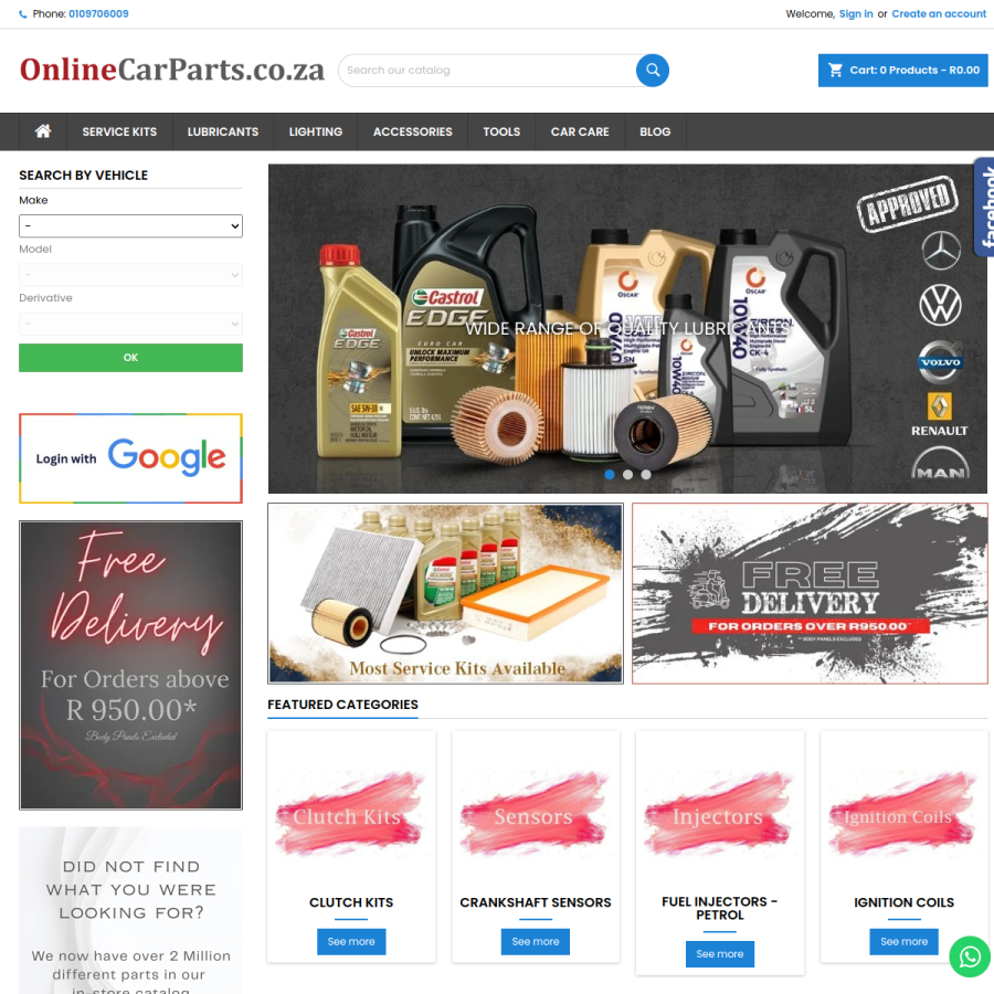 onlinecarparts.co.za homepage screenshot